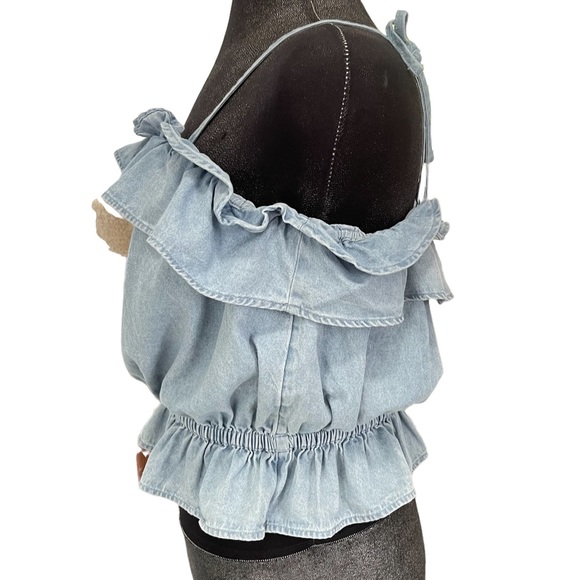 American Eagle RUFFLE BUBBLE CROP Denim Blouse Size L - Picture 2 of 7